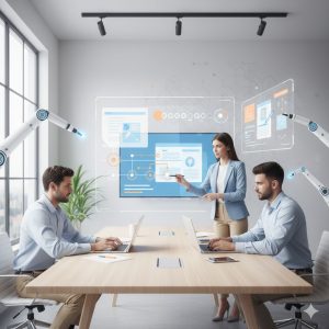 group of business professionals having meeting about AI automation in blogging.